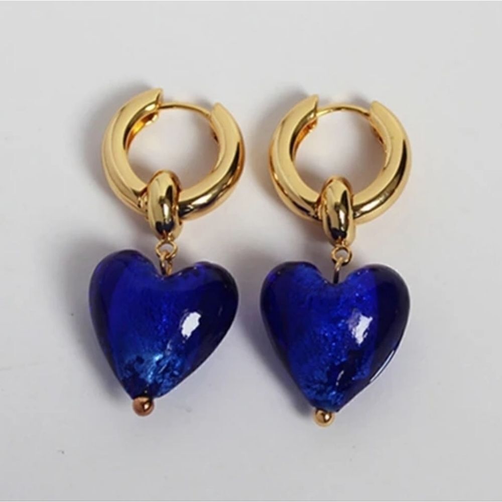 Dark Blue Art Glass Heart Earrings